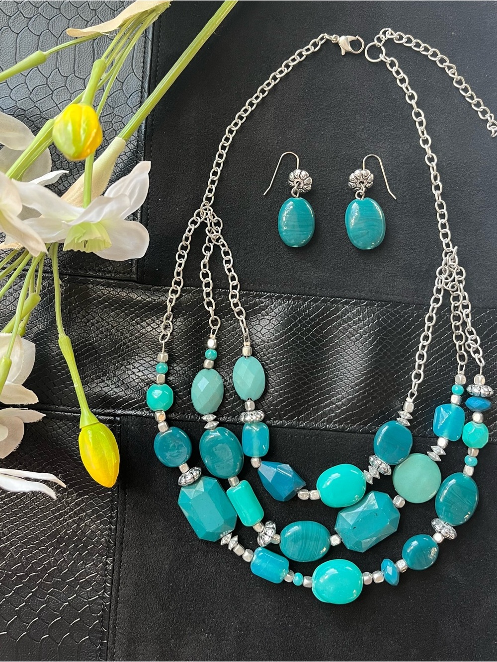 Boho Multi Strand Teal Turquoise Bead Statement Necklace & Earring Set